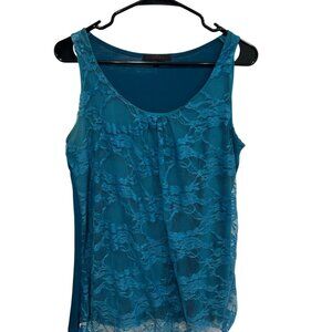 MCM Womens Teal Lace Overlay Scoop Neck Sleeveless Tank Top Size Large Elegant